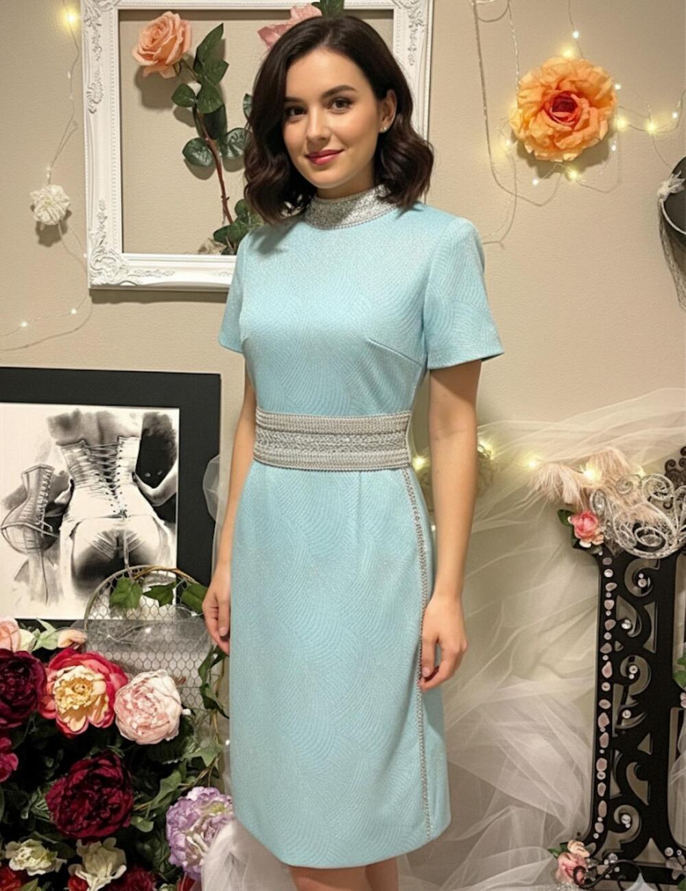 Vintage 1960s Leslie Fay Dress: Light Blue Shimmer with Silver Trim